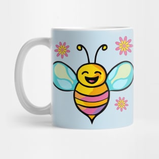 Happy smiling baby bee with flowers. Kawaii cartoon Mug